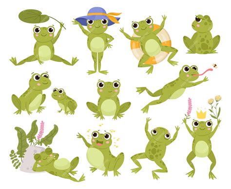 Premium Vector | Green cartoon frogs active water animals cute amphibian flat vector ...