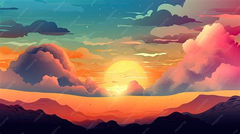 Cielo ilustrado con nubes sol estrellas y amanecer o atardecer dibujo digital artístico ...