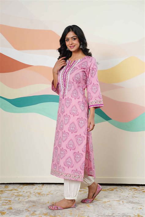 Pink Motif Printed Cotton Kurta – Inhabit Store