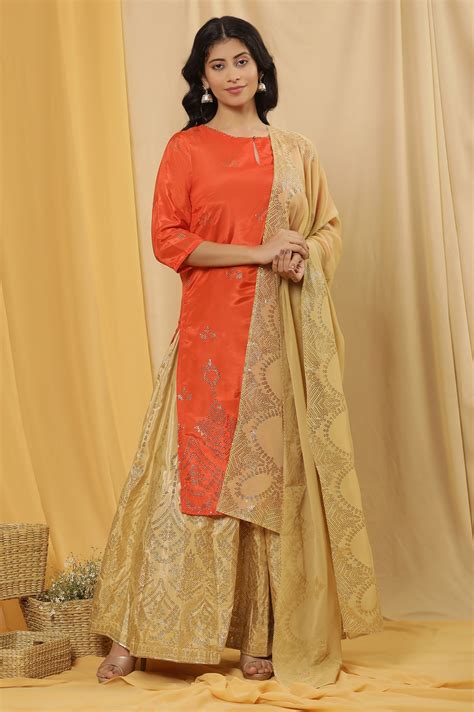 Buy Orange Mukaish Print Kurta, Skirt And Dupatta Set @ 7499 | W for ...