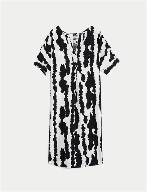 Buy Linen Rich Printed V-Neck Shift Dress at Marks & Spencer