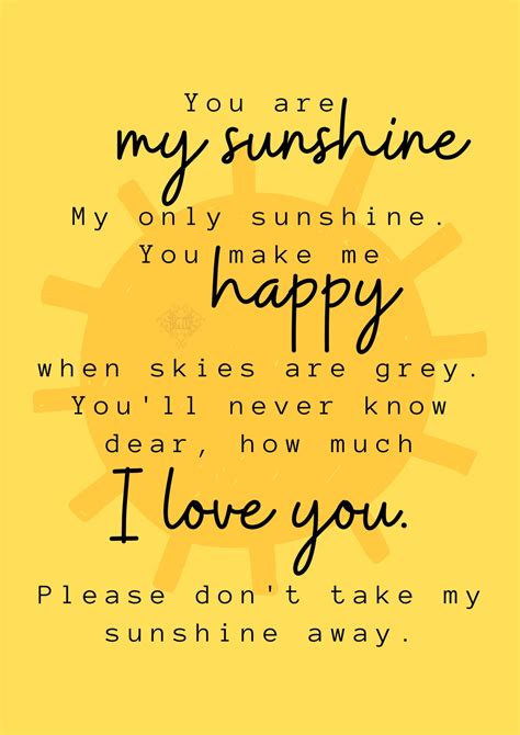 You Are My Sunshine Song Lyrics Poster for Baby Nursery/children's Room ...