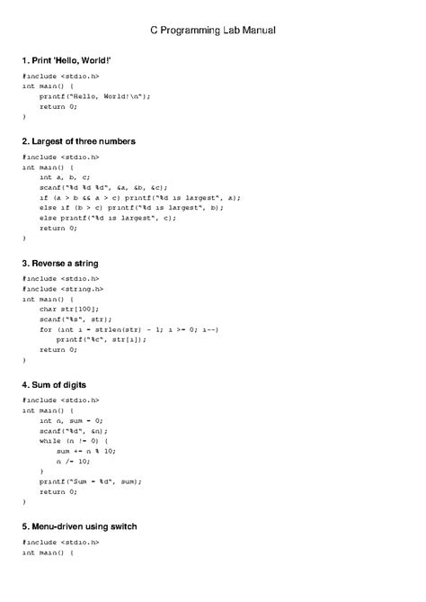 C Programming Lab Manual With Code - C Programming Lab Manual 1. Print ...