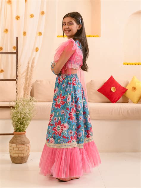 Buy Blue and Pink Printed Lehenga & Blouse With Dupatta