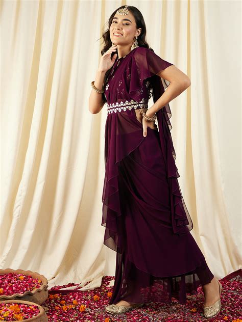 Buy Pre-Draped Sarree with Blouse in Pruple Color for Women
