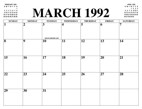 MARCH 1992 CALENDAR OF THE MONTH: FREE PRINTABLE MARCH CALENDAR OF THE ...