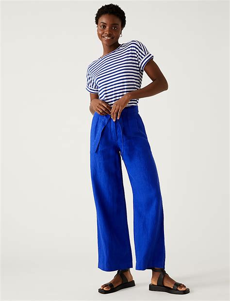 Buy Pure Linen Belted Wide Leg Trousers at Marks & Spencer