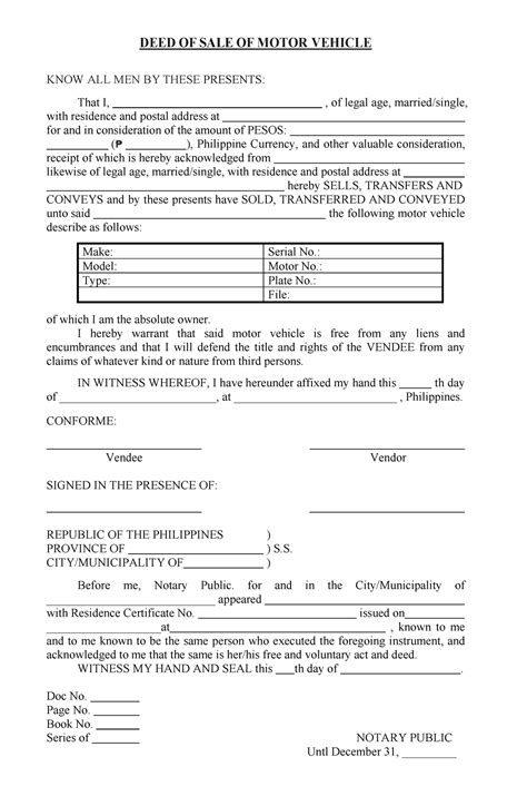 Blank deed of sale of motor vehicle template doc word – Artofit