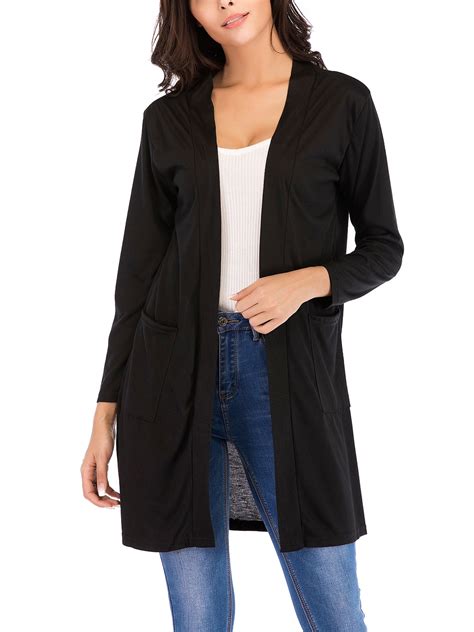 SAYFUT Women's Open Front Knitted Cardigan Sweater Black Long Cardigan ...
