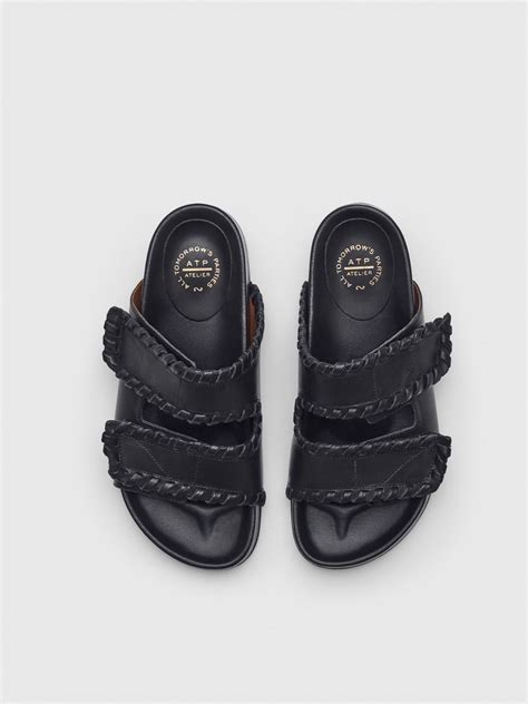 Furlo Stitch Black Leather Comfy Sandals | ATP Atelier | Official Site