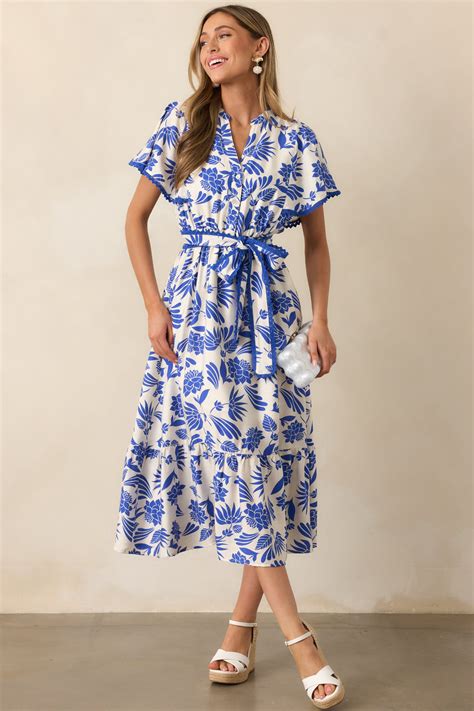 Blue Floral Short Sleeve Midi Dress - Casual Dresses | Red Dress