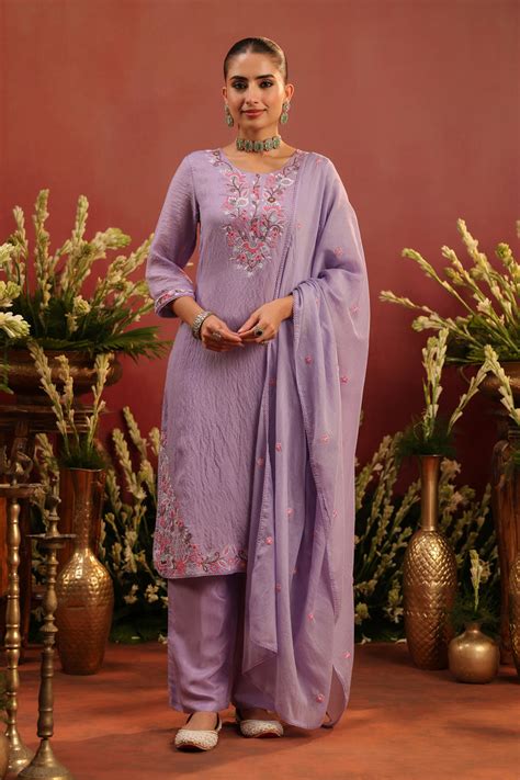 Lavender Mul Chanderi Floral Embroidered Straight Suit Set – SCAKHI