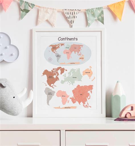 Kids World Map Printable Continents Educational Poster Pastel - Etsy