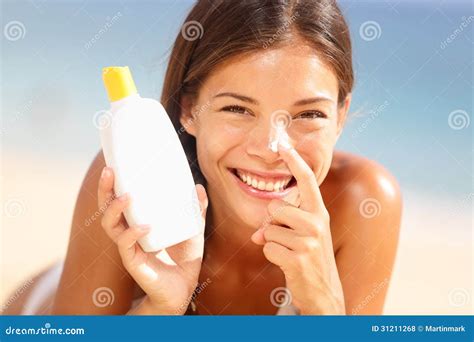 Suntan Lotion Woman Applying Sunscreen Solar Cream Royalty Free Stock ...