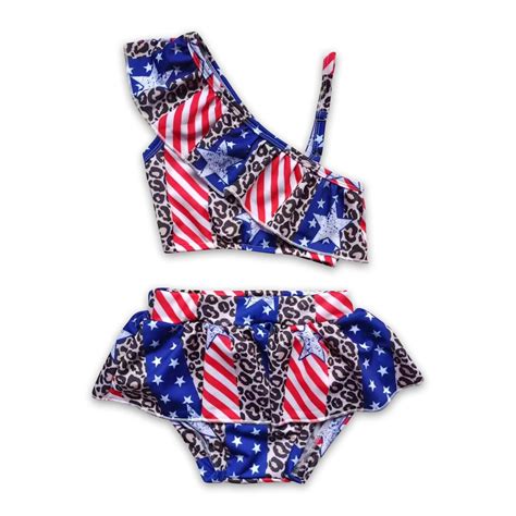 Leopard stars and stripe baby girls 4th of july swimsuit – Yawoo Garments