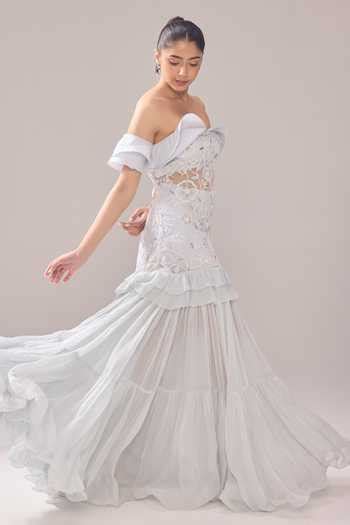 Buy Grey Organza, Net Pearls, Cut Work Sweetheart Neck, Beryl ...