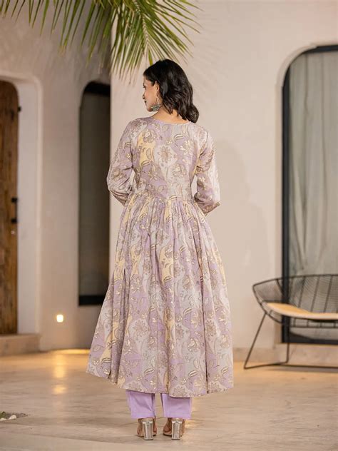 Purple Floral Print Mulmul Fit And Flare Suit Set – Yufta Store