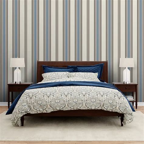 Stripes Design Wallpaper Roll in Ivory and Blue Color | Life n Colors