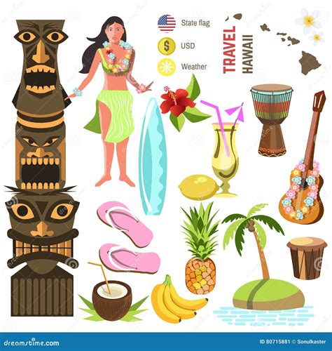Hawaiian Icons and Symbols Set Stock Vector - Illustration of party, girl: 80715881
