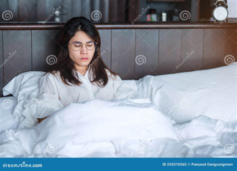 Woman Having Migraine Headaches during Lying in Bed at Home. Insomnia, Sleepless, Tired ...