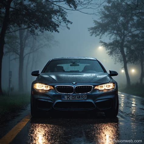 Scary BMW Headlights in Foggy Rain at Night | Stable Diffusion Online