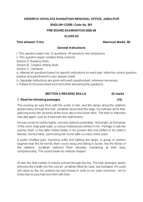 KVS Jabalpur English Code No. 301 Pre-Board Exam Sample Paper - Studocu