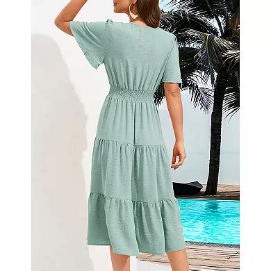 Women's Wrap V Neck Midi Dress Long Sleeve Smocked Waist Tiered A Line ...