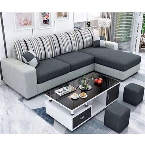 Sleepify Luno 4 Seater Fabric RHS L Shape Sofa Set with 2 Puffy (Dark ...