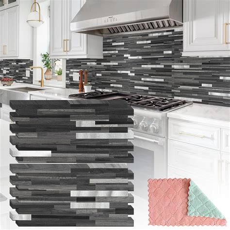 StyloVue 20 Sheets Peel and Stick Tile Backsplash, Black with Metal ...
