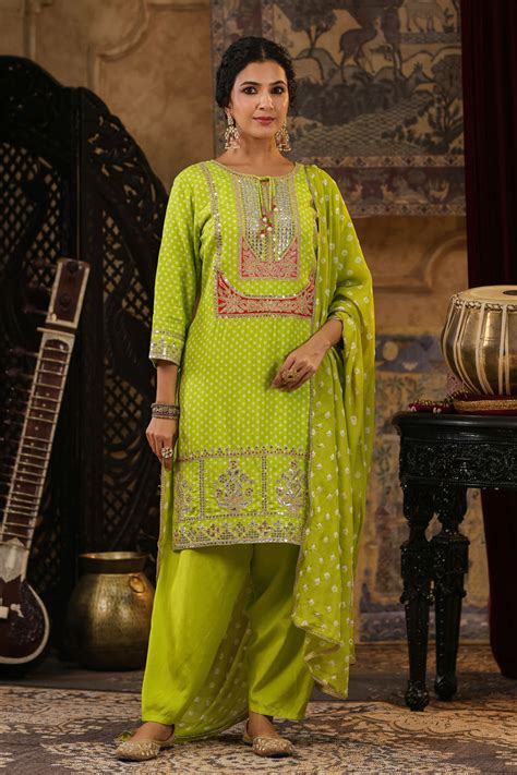 Shop Lime Green Bandhani Printed Embroidered Suit Set- Elegant Ethnic ...