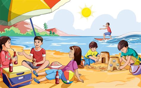 Premium Vector | Kids enjoying on the side of beach