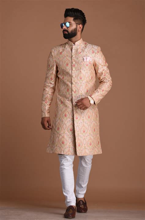 Lucknowi Heavy Embroidered Light Pink Royal Sherwani – Rajanyas