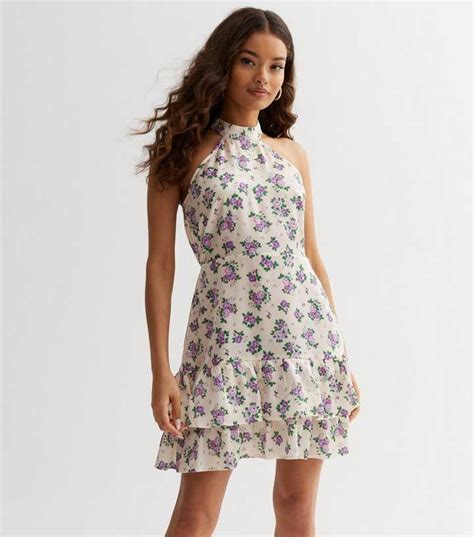 Petite White Floral Haltern Ruffle Hem Mini Dress | New Look