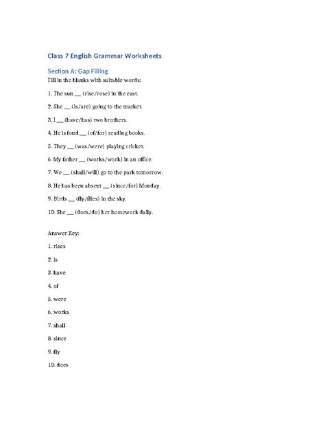 Class 7 English Grammar Worksheets: Gap Filling & Sentence Types - Studocu