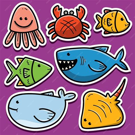 Hand drawn cartoon sea animal sticker design | Premium Vector