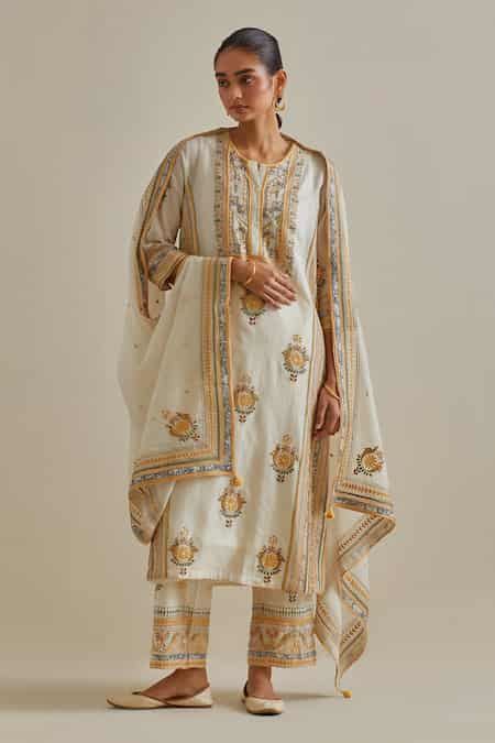 Buy Yellow Cotton, Chanderi Embroidery, Sequins, Patchwork Straight ...