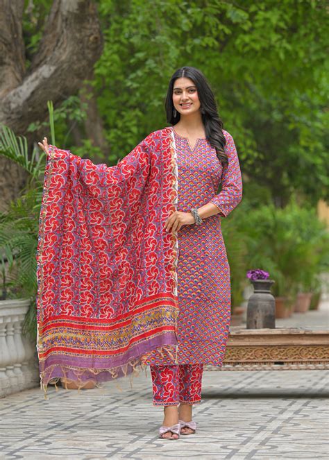 Khushi red handblock printed cotton suit set with chanderi dupatta