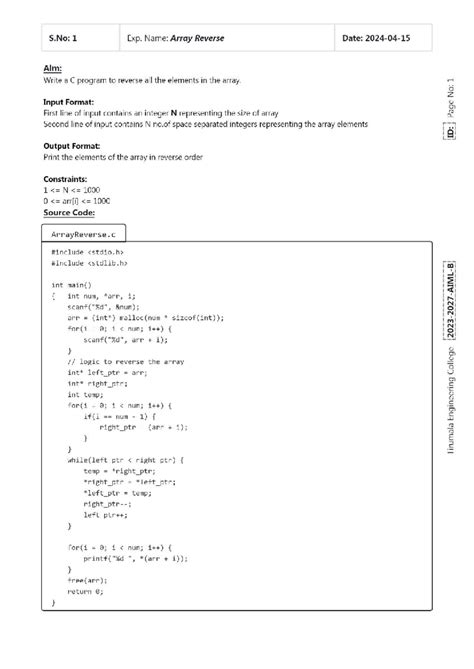 Data Structures lab record compressed - S: 1 Exp. Name: Array Reverse ...