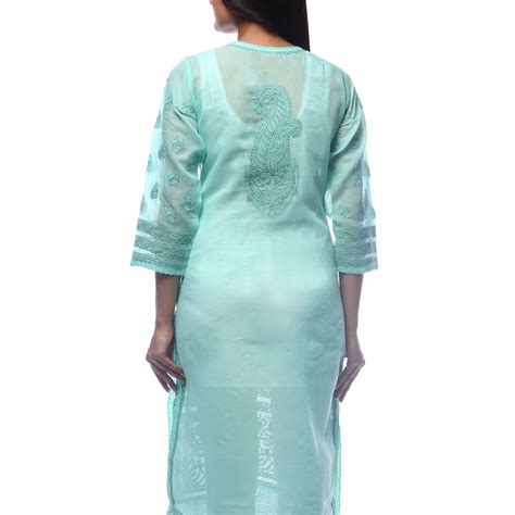 Seva Chikan Hand Embroidered Sea Green Cotton Lucknowi Chikan Kurti-SC