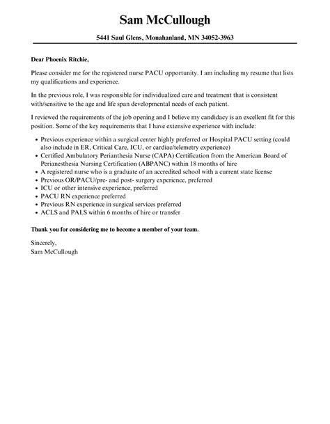 Registered Nurse PACU Cover Letter | Velvet Jobs