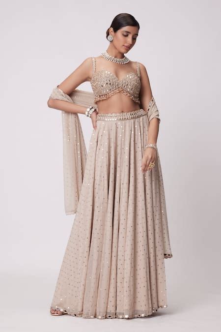 Buy Beige Georgette Beads, Mirrors Sweetheart Neck Embroidered Lehenga ...