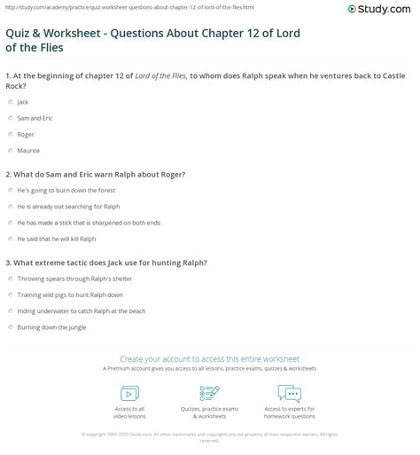 Quiz & Worksheet - Questions About Chapter 12 of Lord of the Flies ...