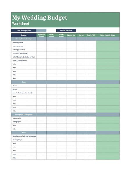 Free Wedding Budget Spreadsheet Printable