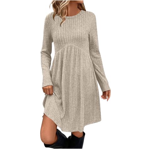 Besolor Women's Long Sleeve Fall Dresses Round Neck Empire Waist Casual ...