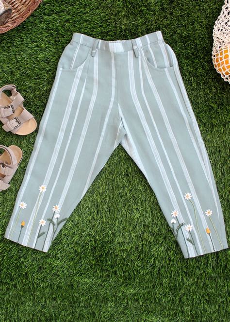 Get Floral Embroidered Green Striped Pants at ₹ 1999 | LBB Shop