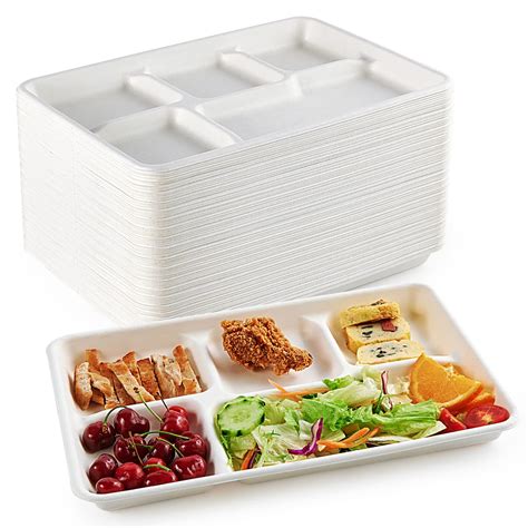 ECOLipak 100% Compostable 5 Compartment Plates, 100 Pack Disposable ...