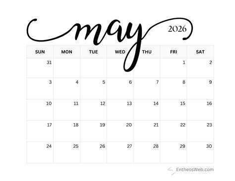 Free Printable May 2026 Calendars | EntheosWeb