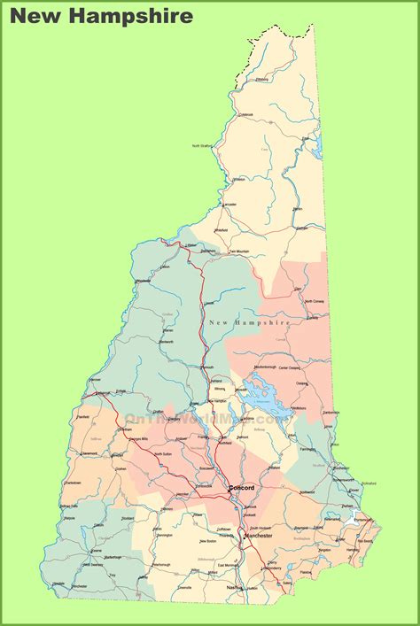 Road map of New Hampshire with cities