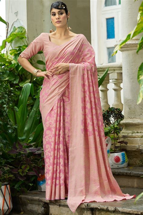 Ornate Light Pink Lucknowi Silk Saree With Fugacious Blouse Piece ...