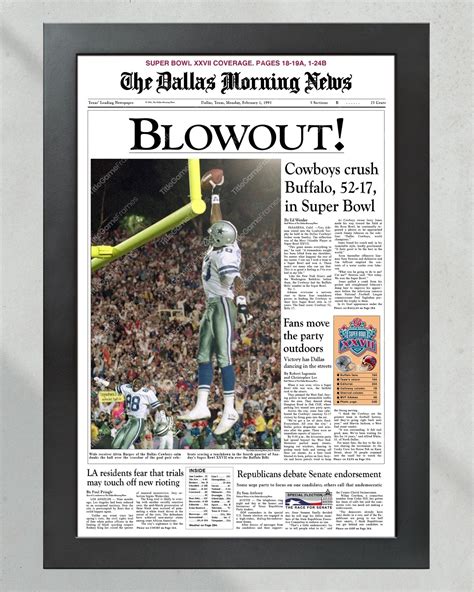 1993 Dallas Cowboys Super Bowl Champions Framed Front Page Newspaper P ...